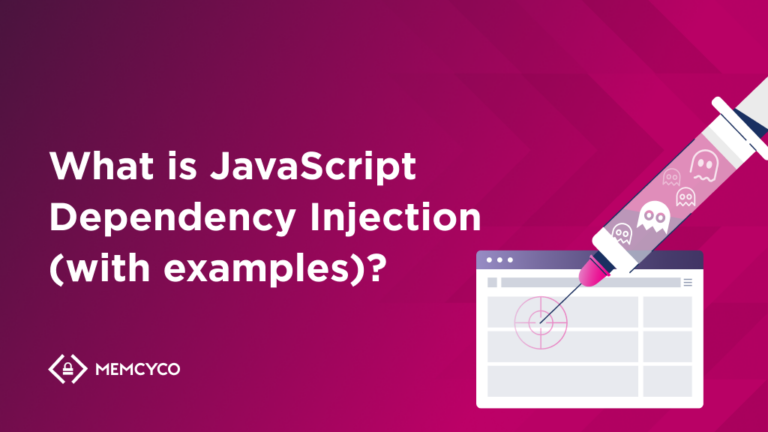 A syringe labeled with code icons points at a web browser window; text reads "What is JavaScript Dependency Injection (with examples)?"—highlighting how JavaScript Dependency Injection works—with the MEMCYCO logo displayed.