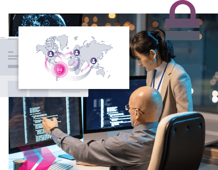 A man and a woman review computer screens displaying code and a digital world map with secure connection icons, collaborating to stop more ATOs.
