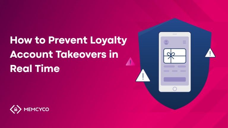 A graphic with a smartphone displaying a gift card icon, shield, and warning symbols, alongside the text "How to prevent loyalty account takeovers in real time.
