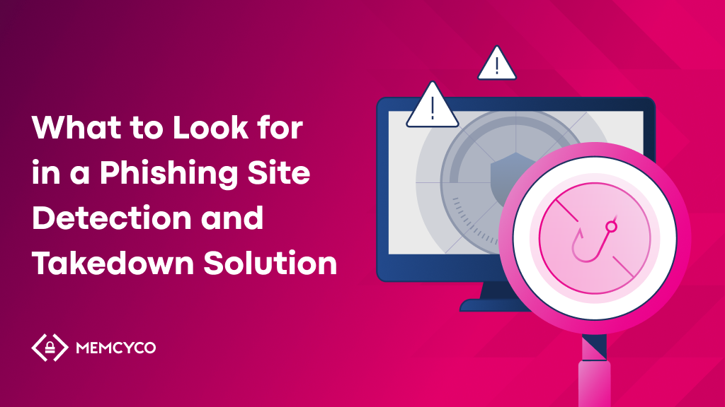 Illustration of a computer monitor with warning icons and a magnifying glass highlighting a phishing hook, alongside text about advanced phishing site detection and takedown solutions.