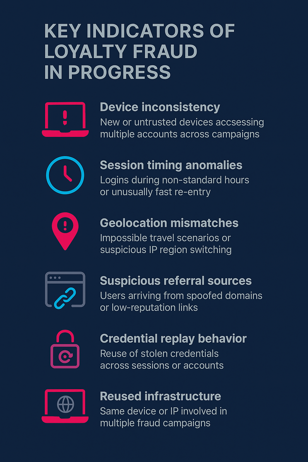 Visual list of six real-time indicators of loyalty fraud in progress: device inconsistency, session timing anomalies, geolocation mismatches, suspicious referral sources, credential replay behavior, and reused infrastructure.