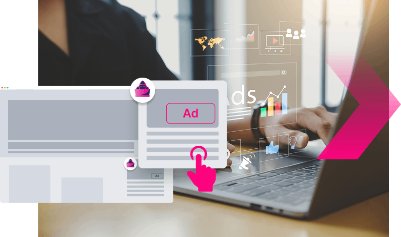 A person types on a laptop with digital marketing graphics—including charts, ads, and social media icons—overlaid in the foreground, highlighting an SEO poisoning use case.