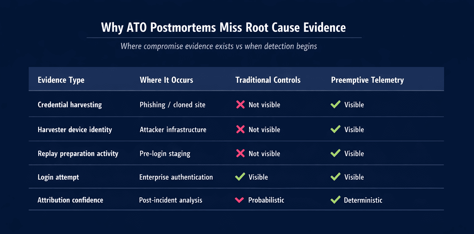 Infographic showing why account takeover postmortems miss root cause evidence, comparing where compromise evidence occurs with when traditional controls and preemptive telemetry detect it.